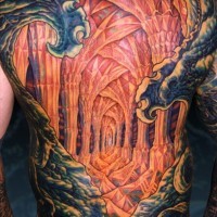 Awesome looking colored whole back tattoo of diamond cave