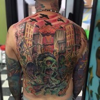 Awesome looking comic books style whole back tattoo of zombie apocalypse