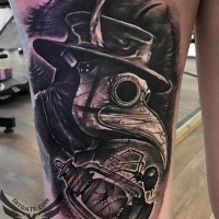 Awesome looking detailed thigh tattoo of plague doctor with broken gas lamp
