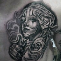 Awesome Mexican style painted gangster woman tattoo on chest