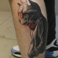 Awesome modern style colored leg tattoo of cat with sunglasses and headset