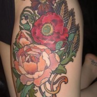 Awesome multicolored big floral tattoo on thigh