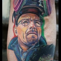 Awesome multicolored Breaking Bad main hero portrait tattoo on leg