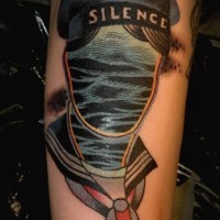 Awesome multicolored faceless sailor portrait tattoo on arm