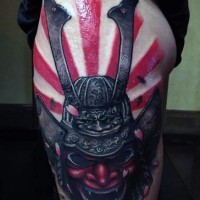 Awesome multicolored fantasy samurai mask tattoo on thigh