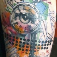 Awesome multicolored old mystical clock tattoo on shoulder