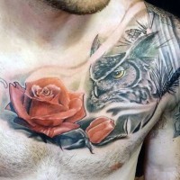 Tatuaje en el pecho,  lechuza sabia con rosas rojas
