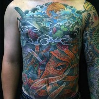 Awesome multicolored unusual combined military tattoo on chest and belly