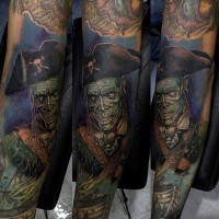 Awesome natural looking colorful forearm tattoo of old zombie pirate