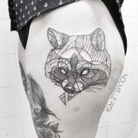 Awesome painted black ink mystical fox tattoo on thigh