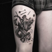 Awesome painted cool black and white geometrical tattoo with bear on thigh