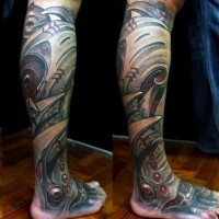 Awesome painted detailed and colored alien like armor tattoo on leg