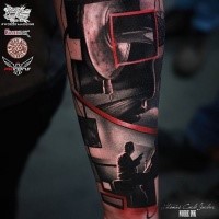 Awesome painted forearm tattoo of various musicians with instruments