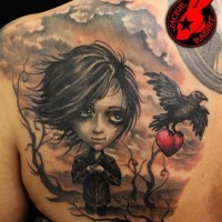 Awesome painted half colored mystical woman tattoo on back combined with crow and red heart