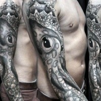 Awesome painted massive black and white squid tattoo on sleeve