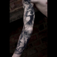 Awesome photorealistic black and white full sleeve tattoo