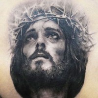 Awesome portrait of jesus in a crown of thorns tattoo