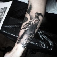 Awesome realistic looking black ink samurai warrior tattoo on arm