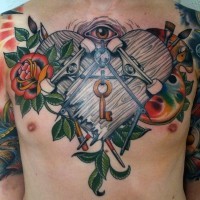 Awesome skate board with flowers and key colored tattoo on chest