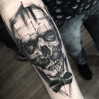 Awesome sketch like black ink forearm tattoo of skull with mustache and suit