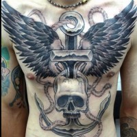 Awesome skull and anchor and wings tattoo on chest