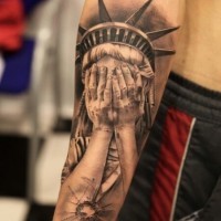 Awesome unique designed black ink forearm tattoo of Statue of Liberty