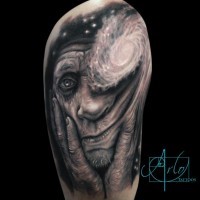 Awesome very detailed black ink sad old woman portrait on shoulder stylized with space galaxy