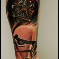 Tolles sehr detailliertes farbiges Star Wars Bein Tattoo mit Darth Vader und Sturmtruppler