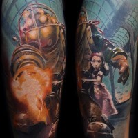 Awesome very detailed colorful sleeve tattoo of famous cartoon heroes