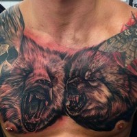 Awesome very realistic looking colored roaring wolf and bear tattoo on chest