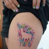 Awesome watercolor deer tattoo on thigh