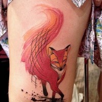 Awesome watercolor red fox tattoo on thigh