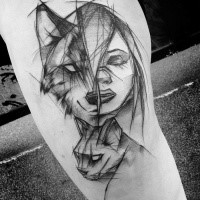 Awesome woman portrait tattoo combined with wolf and cat