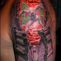 Awesome zipper shaped very detailed creepy monster on shoulder area tattoo