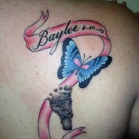 Baby foot tattoo with ribbon and blue butterfly