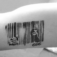 Barcode like black ink arm tattoo of human cage