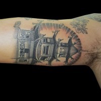 Beautiful accurate painted colored Asian house tattoo on biceps