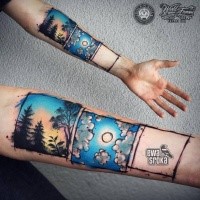 Beautiful art style creative looking forearm tattoo of nature pictures