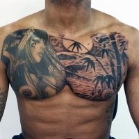Beautiful black and gray style chest tattoo of sea shore with beautiful tribal woman