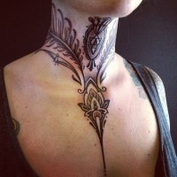 Beautiful black and white feather tattoo on neck