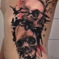 Beautiful black skulls with tree and birds tattoo on ribs by ILOna