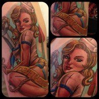 Beautiful colored and painted seductive pin up girl tattoo on thigh