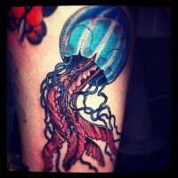 Beautiful colored big jelly-fish tattoo on leg