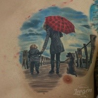 Beautiful colored illustrative style chest tattoo of woman with child and dog on ocean pier