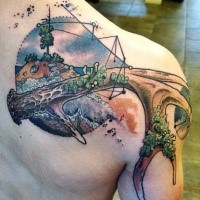 Beautiful colored illustrative style shoulder tattoo of deer horn with waves and island