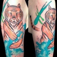 Beautiful colored illustrative style tiger tattoo on shoulder