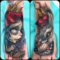 Beautiful colored little Wolf and Little Red Riding Hood tattoos on feet