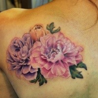 Beautiful colored shoulder tattoo of realistic flowers