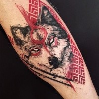 Beautiful colored tattoo of wolf with demonic eyes and ornaments