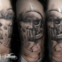 Beautiful colored thigh tattoo of human faces with clock and skull